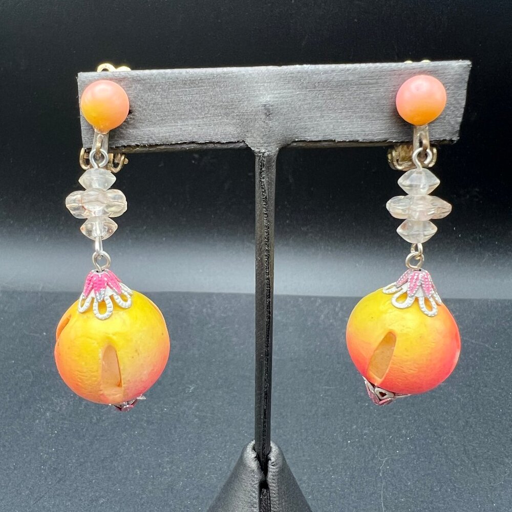 Vintage Quirky‎ Clip On Earrings Pink Yellow Ball Dangle Drop Made in Japan